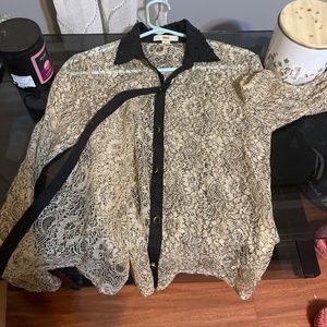 ISSI , sequined collar , button down silk ,,, see through long sleeve shirt.